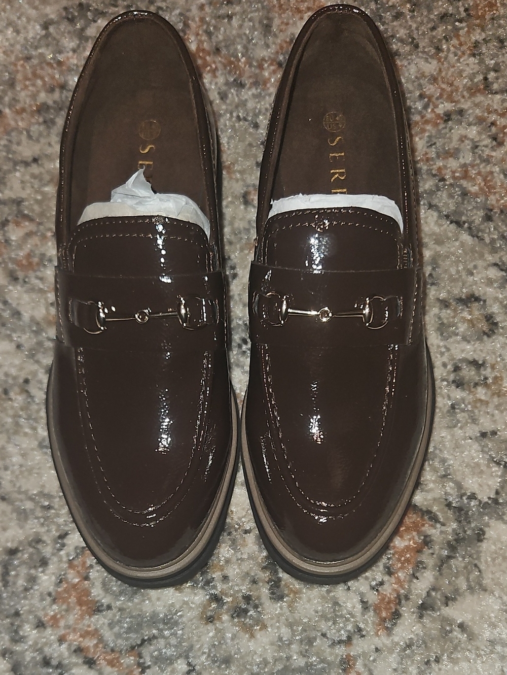 Serra Brown Patent Leather Loafers with Gold Bit